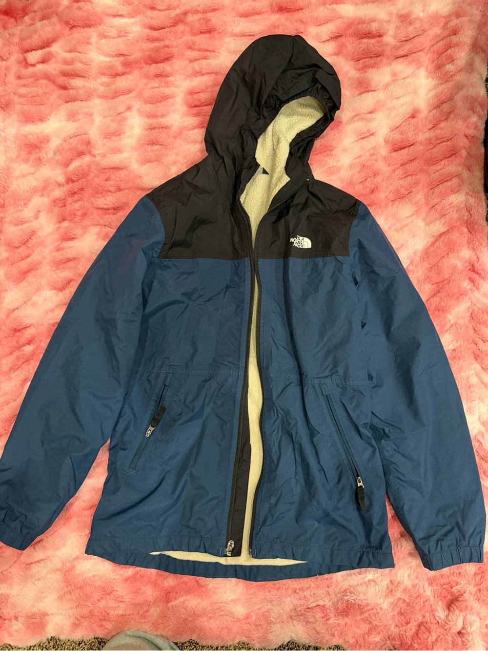 The North Face Boys XL 18/20 Blue Black Sherpa Fleece Lined Hooded Jacket